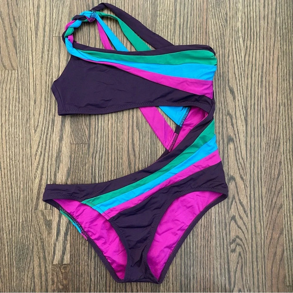 Becca by Rebecca Virtue purple strappy cutout one piece swimsuit size large - Picture 3 of 8